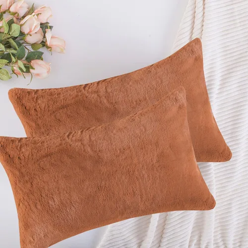Miniatura 11 de Home Brilliant Juego de 2 almohadas de felpa de piel sintética marrón para sofá, fundas de almohada decorativas cuadradas cálidas para patio, juego