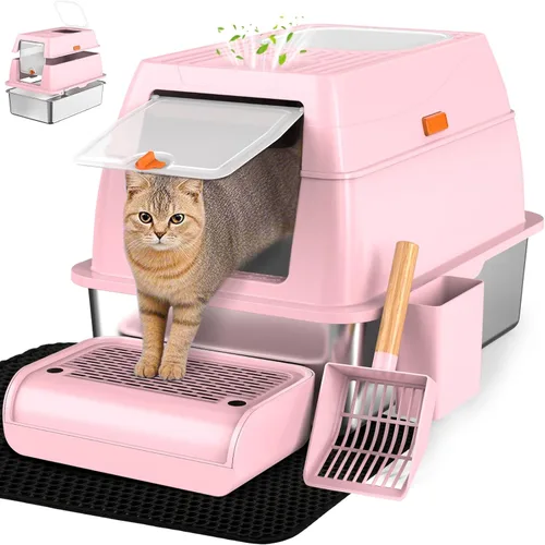 Miniatura 12 de Vivifying Caja de Arena de Acero Inoxidable con Tapa, Entrada Frontal XL Cerrada Caja de Arena Extra Grande para Gatos Grandes y Gatitos, Bandeja