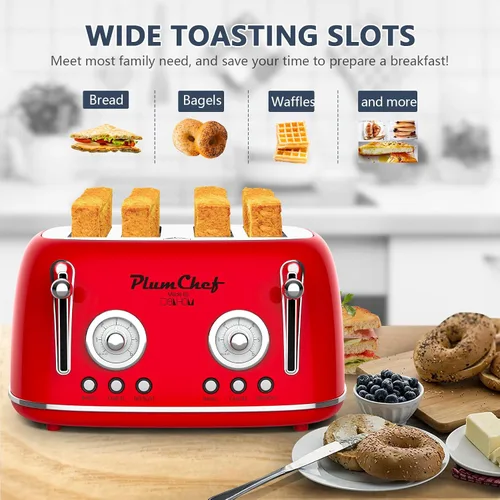 Miniatura 4 de Tostadora de ranura larga extra ancha de 4 rebanadas, bandeja extraíble para migas, 6 ajustes de tostado, funciones de bagel/descongelación, 1650 W