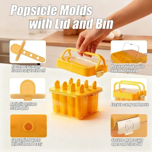 Miniatura 5 de Moldes para paletas con tapa y contenedor, 9 piezas, reutilizables, fáciles de liberar, moldes para paletas caseras, sin olor, sin bisfenol A 8