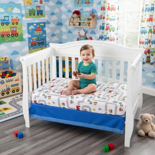 Miniatura 2 de EVERYDAY KIDS Juego de cama de 4 piezas para cuna de niños - Tren Choo Choo - Incluye edredón, sábana ajustable, volante antipolvo y apilador