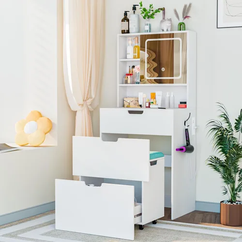 Tocador pequeño con silla, espejo y luces, juego de mesa de maquillaje compacto para espacios pequeños, taburete de almacenamiento móvil,