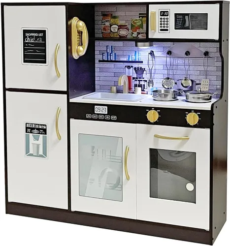 Miniatura 10 de Conjunto de Juguete de Cocina de Madera con Luz, Juego de Cocina de Pretensión para Niños, Juego de Cocina de Juguete con Fregadero, Horno