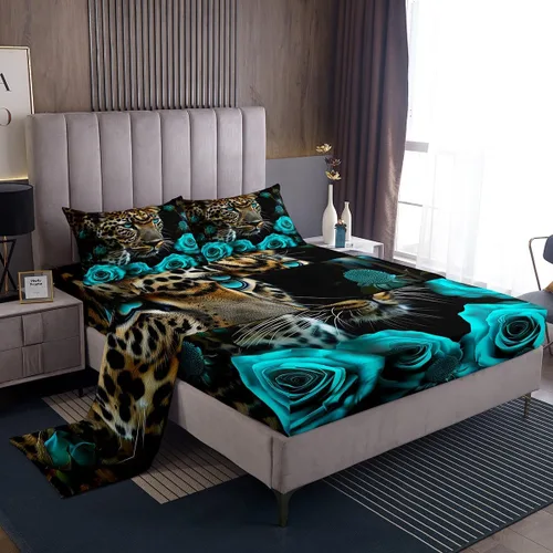 Miniatura 13 de Erosebridal Sábanas de cama de guepardo con rosa roja, juego de sábanas de bolsillo profundo con estampado de leopardo y gato, sábana bajera