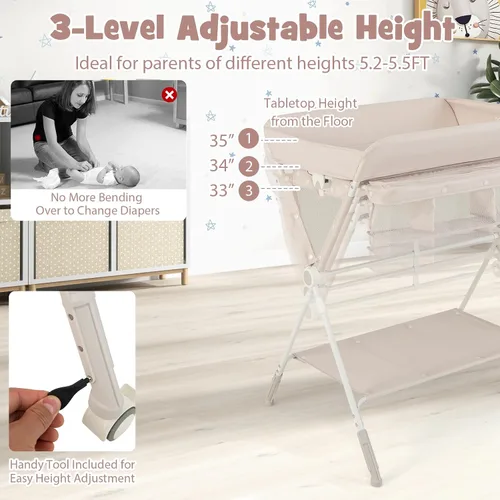 Miniatura 4 de BABY JOY Cambiador portátil para bebé, estación de cambio de pañales plegable con ruedas, altura ajustable, estante de almacenamiento grande