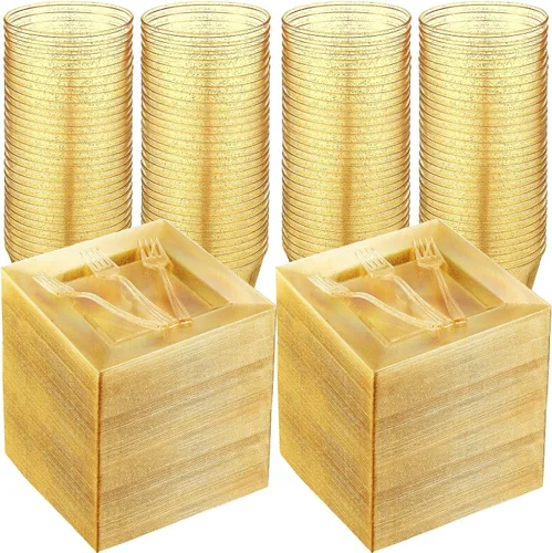 Mifoci Juego de 300 platos de plástico con purpurina dorada para bodas, fiestas, 100 platos de postre de 6.5 pulgadas con 100 tenedores y 100 tazas