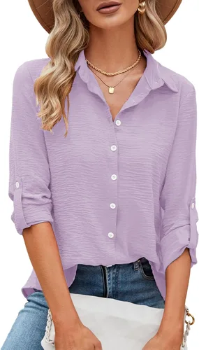 Miniatura 6 de Odosalii - Camisas con botones para mujer, con cuello en V, manga larga, enrolladas, blusas elegantes y formales para negocios y ocasiones casuales