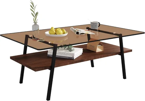 Miniatura 8 de Mesa de centro de cristal para sala de estar, mesa de centro de 2 niveles de mediados de siglo, mesa central con parte superior de vidrio templado