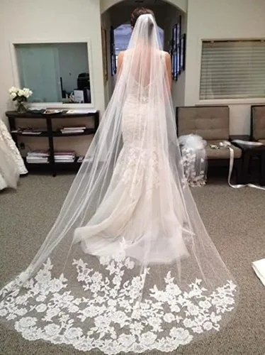 Aularso Velos de novia florales velos de encaje para novias velo de novia largo con peine para novias de 118 pulgadas, Blanco, Talla libre