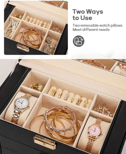 Miniatura 4 de Homde Regalos de Navidad de cuero sintético, enorme joyero, organizador de reloj con espejo, collar, anillo y aretes, estuche de regalo con Dorado
