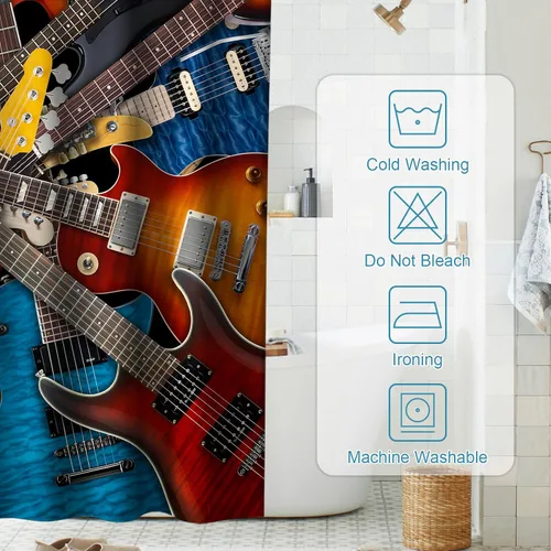 Miniatura 5 de Juego de cortinas de ducha musicales de tela con ojales y ganchos, 36 pulgadas de ancho x 72 pulgadas de alto, color marrón, blanco, azul