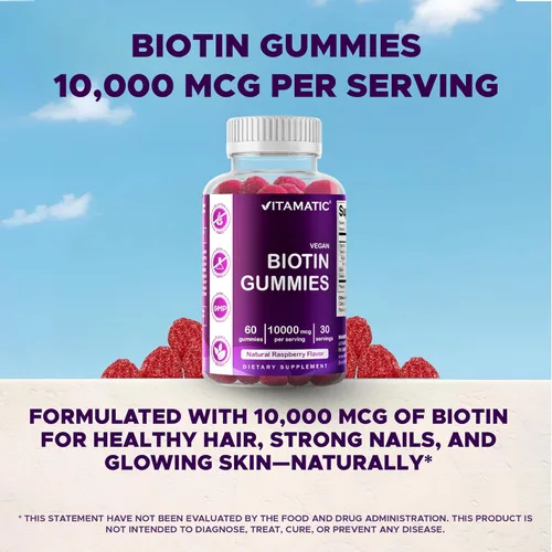 Miniatura 7 de Vitamatic Gomitas de biotina de 10,000 mcg para cabello más fuerte, piel y uñas, 60 gomitas veganas, también llamadas vitamina B7 (1 botella)