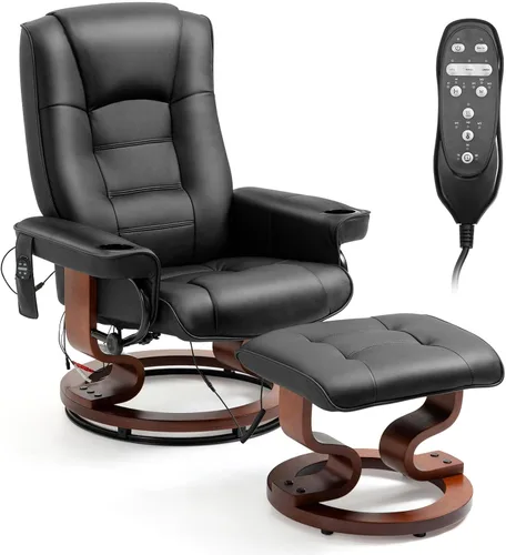 AVAWING Silla reclinable con masaje por vibración, reclinable, de piel sintética, con otomana, giratoria, de madera, para sala de estar, color negro