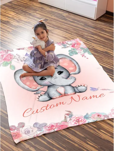 Miniatura 5 de Manta personalizada de elefante naranja floral con nombre para niñas, manta con nombre personalizado para niños pequeños, regalos personalizados