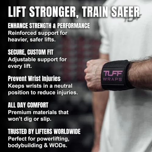 Miniatura 7 de Muñequeras TuffWraps de 16": sin presillas para el pulgar, muñequeras de gimnasio de calidad para levantamiento de pesas, press de banca, Negro/Rosa