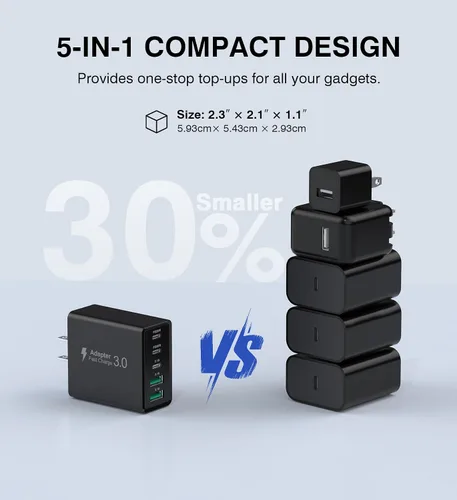 Miniatura 8 de [Paquete de 2] Cargador de pared USB C, bloque de cargador tipo C de 60 W, bloques de carga rápida de 5 puertos, enchufe multipuerto 3USB C+2USB A