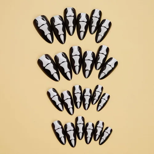 Miniatura 3 de Uñas postizas a presión para Halloween, con forma de hueso gótico, de terror, de cobertura completa, color blanco y negro, acrílico, para fiestas