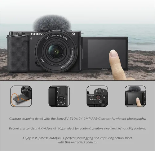 Miniatura 3 de Sony ZV-E10 Cámara de Vlog sin espejo con lente de zoom de potencia II de 0.630-1.969 in, negro, APS-C de 24.2 MP, video 4K, pantalla abatible