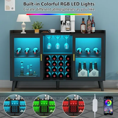 Miniatura 4 de Auromie Armario de bar de vinos con luz LED, gabinete de café para el hogar con estante para vino y vidrio, aparador de cocina con estantes de Negro