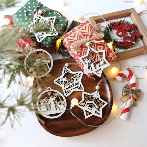 Miniatura 6 de Juego de 18 piezas de adornos de belén para árbol de Navidad, adorno de escena de natividad de madera, regalo religioso para decoración navideña