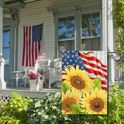 Miniatura 5 de Hzppyz Bandera patriótica de jardín de primavera y verano con girasoles del 4 de julio, Día de los Caídos, decoración para exteriores de doble cara