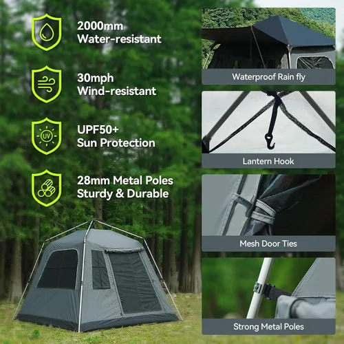 Miniatura 5 de Tienda de campaña desplegable instantánea con parasol extraíble, tienda de campaña con protección UV y ventilación, impermeable, resistente al