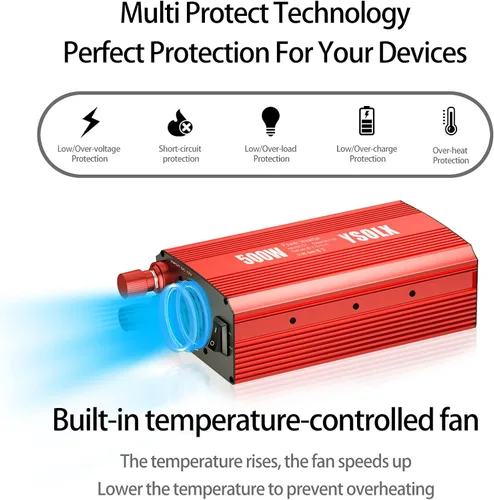 Miniatura 5 de YSOLX Inversor de corriente de 500 W de 12 V a 110 V para vehículos con carga rápida dual USB de 24 W y 2 salidas de CA, ideal para viajes por