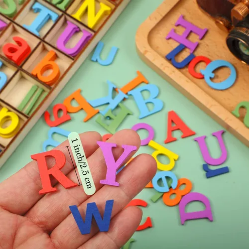 Miniatura 2 de Blulu 248 letras del alfabeto de madera de 1 pulgada, números de letras de madera sin terminar, números para manualidades con bandeja