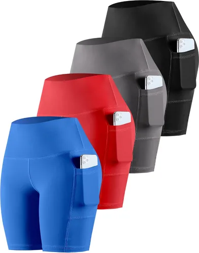 Miniatura 25 de CHRLEISURE - Pantalones cortos de ciclismo para mujer con bolsillos de licra, cintura alta, con control de abdomen para entrenamiento, yoga
