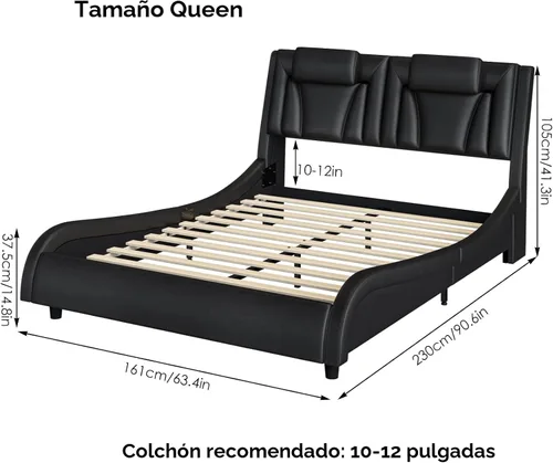Miniatura 2 de Keyluv Armazón de cama moderno tapizado con plataforma con cabecera LED ajustable y diseño de curva ondulada y soporte de listones de madera sólida