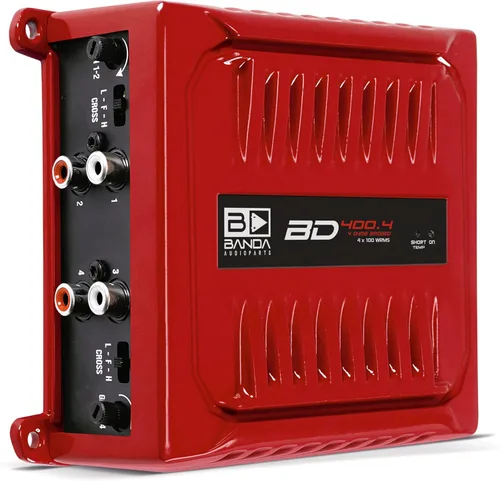 Banda Audioparts BD400.4RED Amplificador de audio para coche de rango completo de cuatro canales 4 x 100 vatios Rms de 4 ohmios puenteado con