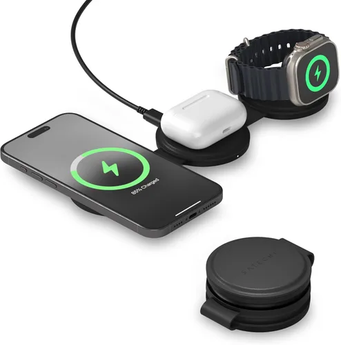 Satechi OntheGo™ Cargador inalámbrico 3 en 1, cargador portátil Qi2 con carga rápida de 15 W para iPhone 17 a 12 Series, 5W para Apple Watch y 5W