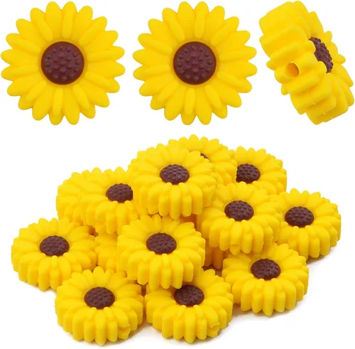 Miniatura 9 de 15 cuentas espaciadoras de silicona de girasol de 0.78 pulgadas (0.787 in) con forma de flor plana focal, cuentas espaciadoras para llaveros
