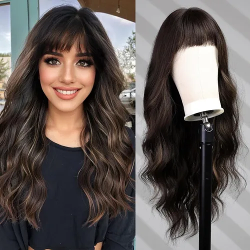 Miniatura 13 de Pelucas rubias cenizas para mujer, peluca larga recta en capas con flequillo, cabello sintético natural con raíces oscuras