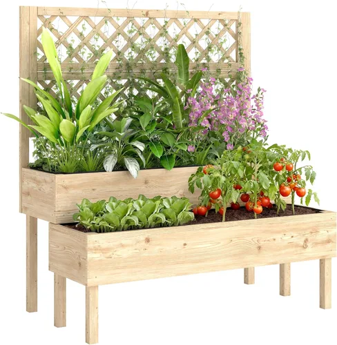 Miniatura 10 de Outsunny Cama de jardín elevada de 2 niveles con enrejado, maceta elevada de madera con agujeros de drenaje, forros, esquinas de metal, maceta Gris