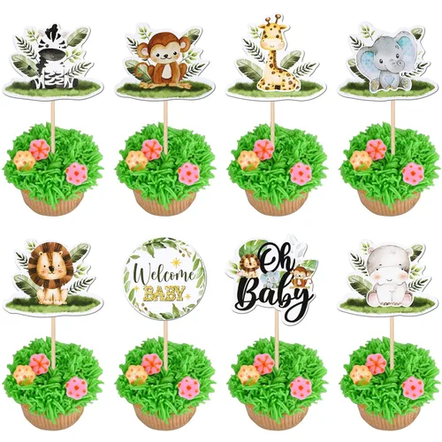 Miniatura 14 de 36 piezas de decoración para cupcakes de animales de la jungla, león, mono, cebra, hipopótamo, jirafa, elefante, temática de bosque, púas