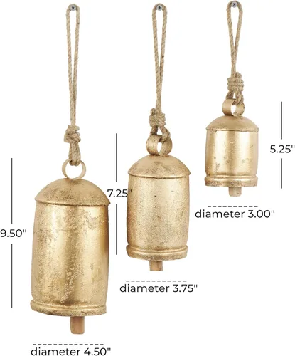 Miniatura 5 de Deco 79 - Campanas de vaca gigantes XL decorativas de metal dorado con cuerda de yute para colgar, juego de 3 campanas de 10 pulgadas, 8 pulgadas
