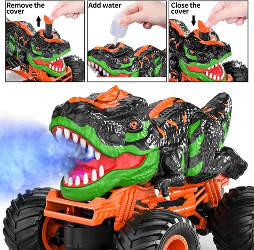 Miniatura 4 de TEMI Camión T-rex a control remoto para niños de 3 a 5 años, camión monstruo a escala 1:24 con rugido, luz y niebla en aerosol, camión de dinosaurio