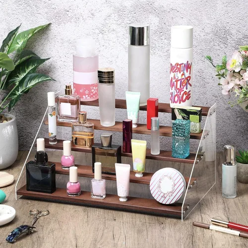 Miniatura 7 de Queekay Paquete de 4 soportes elevadores grandes de madera acrílica transparente de 5 niveles para eventos de proveedores, organizador de perfumes