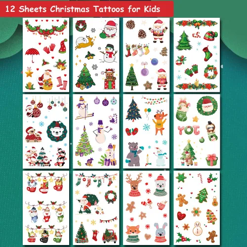 Miniatura 2 de Tatuajes temporales de Navidad con purpurina para niños, 12 hojas de tatuajes navideños con purpurina para niños y niñas, regalos de fiesta