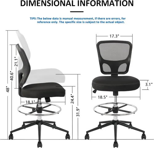 Miniatura 3 de Silla de dibujo sin brazos, silla de oficina alta, altura ajustable, respaldo alto, silla de escritorio ergonómica, taburete de dibujo, taburetes