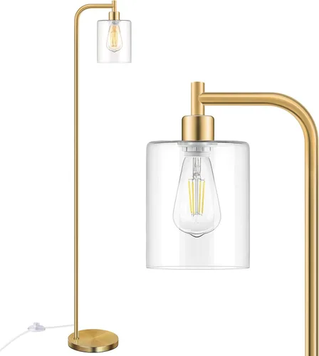 Lámpara de pie industrial con pantalla de vidrio colgante en latón dorado estilo granja, luz de poste interior rústica vintage con base Edison E26,