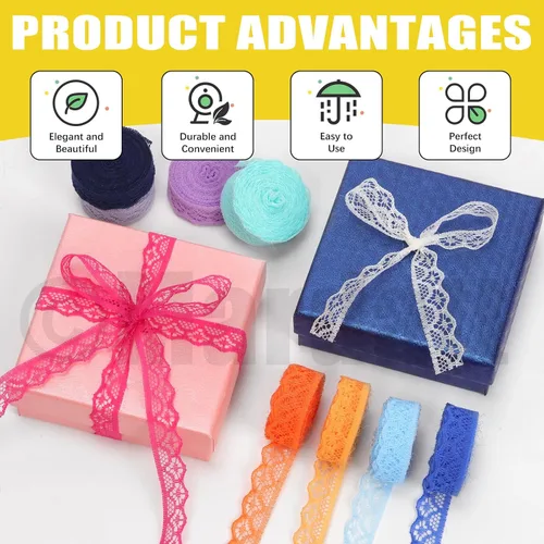 Miniatura 5 de 20 rollos de cinta de encaje de 200 yardas, 0.591 in/0.59 pulgadas de ancho, cintas de encaje de tela con patrón floral, cintas de tela multicolor