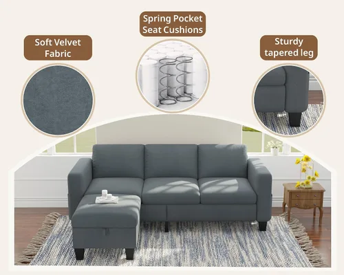 Miniatura 9 de Sofás seccionales para sala de estar, sofá convertible en forma de L con otomana de almacenamiento, modernos sofás de 3 asientos para apartamento