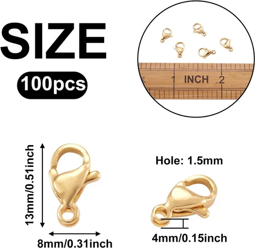 Miniatura 7 de Pandahall - 100 cierres de pinza de langosta de acero inoxidable 304, chapado en oro de 18 quilates, 0.512 x 0.315 x 0.157 in, para pulir joyas