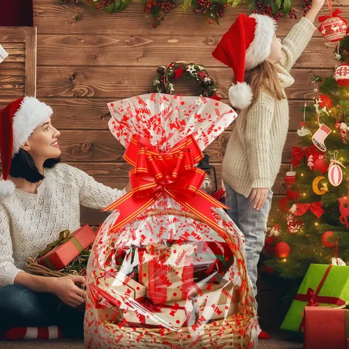 Miniatura 4 de Zonon 20 bolsas grandes de cesta de Navidad de 35 x 23 pulgadas, bolsas de celofán transparentes con copos de nieve, bastones de caramelo a cuadros