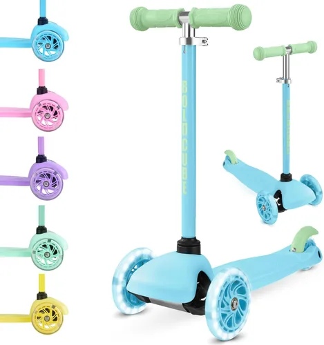 Miniatura 11 de BOLDCUBE Teeny Patinete de 3 ruedas color menta para niños y niñas de 3 a 6 años Ruedas intermitentes Altura ajustable de 53 a 70 cm Mi Lila