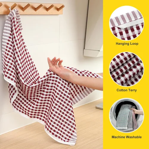 Miniatura 3 de SALAS Toallas de algodón para secar platos de cocina, toallas de rizo de celosía, paños de cocina absorbentes con lazo para colgar, 16 x 26 Rojo vino