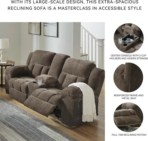 Miniatura 5 de Signature Design by Ashley Frohn - Sofá biplaza reclinable doble manual moderno con consola, almacenamiento y portavasos, color marrón oscuro Gris