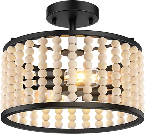 Lámpara bohemia de granja - Lámpara de techo con cuentas de madera, lámpara de techo rústica semiempotrada, lámpara negra de 2 luces para cuarto de